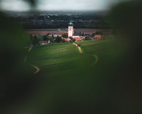 Pfarr- und Wallfahrtskirche Mariä Himmelfahrt in Ehrenkirchen zwischen den Weinbergen und Reben