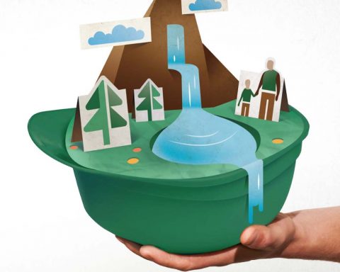Illustration auf der Titelseite einer Imagebroschüre Illustrationen von Dienstleistungen mit Wasser Bäumen und Bergen