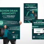 Drei unterschiedliche Poster im neuen Rebranding von Pneuservice Ciccone. Links ist eine verdeckte Person mit einem Poster in den Händen zu sehen. Zu lesen ist eine Erinnerung daran, das Reifendruckkontrollsystem nach einem Reifen-oder Radwechsel zurückzusetzen. Abgebildet ist ein freundlich lächelnder Mitarbeiter mit einem Reifen um den Arm, der auf den Text hinweist, bei Fragen das Team anzusprechen. Auf einem anderen Poster steht die Erinnerung, dass Allwetterreifen halbjährlich invertiert werden müssen. Hier ist ebenfalls ein freundlicher Mitarbeiter mit einem Reifen um den Arm zu sehen. Auf dem letzten Poster liest sich die Information, dass jetzt die Auslastung in Echtzeit nun online ist und man diese jederzeit auf der Webseite nachsehen kann. In der Mitte des Posters sieht man einen Computer und ein Smartphone, die die Auslastung anzeigen.