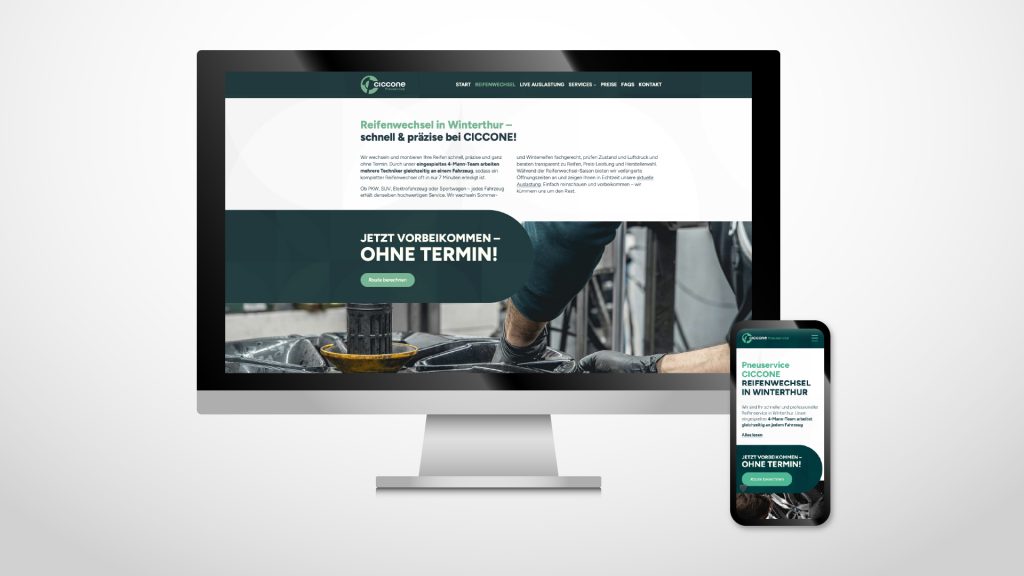 Die neue Webseite von Pneuservice Ciccone wird auf einem Computer und auf einem iPhone abgebildet. Man sieht die Startseite der Webseite