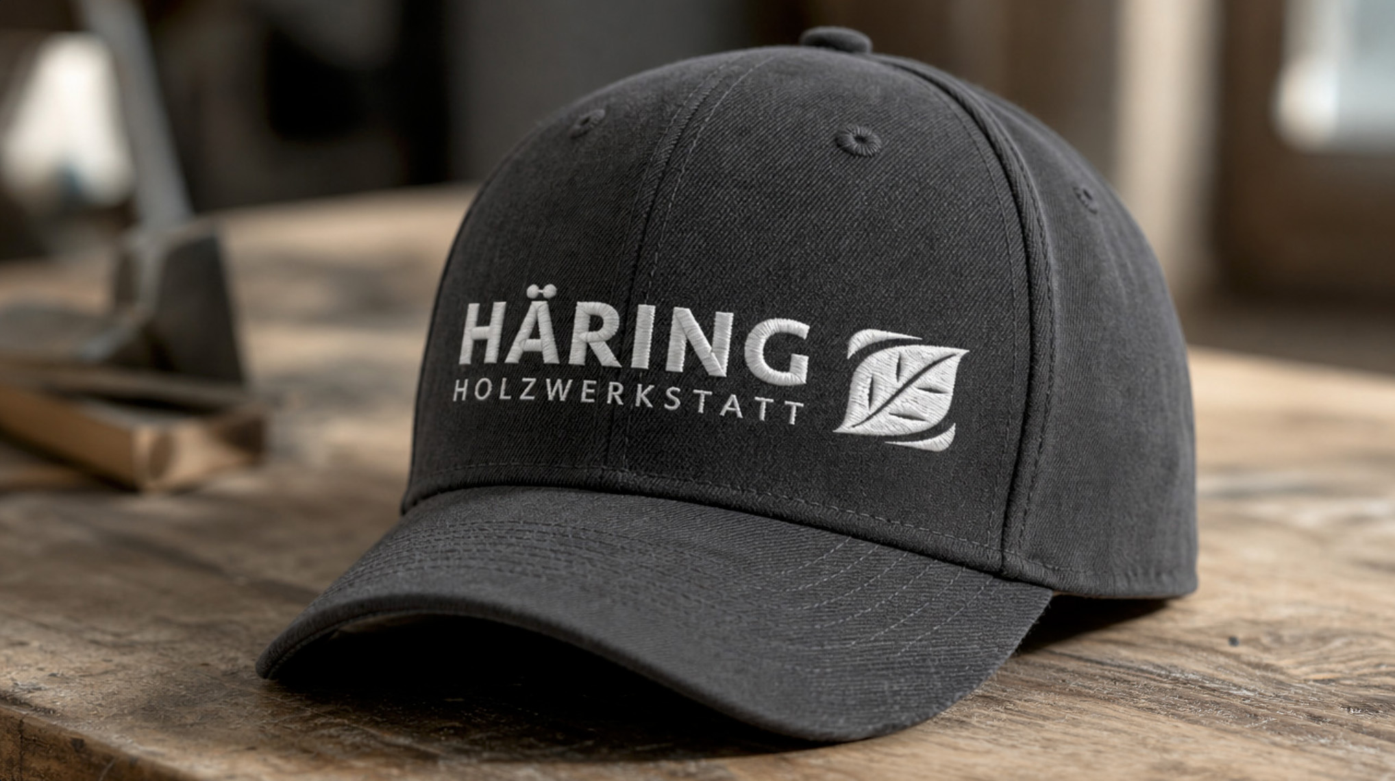 Eine Mütze bzw. Cap mit dem Stick eines Logo von einem Handwerkunternehmen namens HÄRING in Freiburg. Das Logo ist nach einem Redesign neu gestickt und gedruckt worden. es ist ein weißes Logo auf eine anthrazitfarbene Cap. Die Cap liegt auf einer Werkbank einer Werkstatt. Fotografiert vom STUDIO MÜLLER