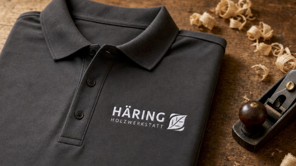 Ein Poloshirt mit Logo Stickerei auf der Brust nach einem Redesign und Überarbeitung des Logos eines Handwerkunternehmens Namen HÄRING in Freiburg